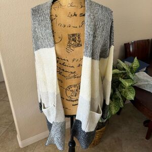 Staccato Black and White Striped Open-Front Cardigan - Cozy, Casual Chic, Size L